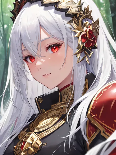 (masterpiece, best quality, high resolution, 4K: 1.2), exquisitely detailed, photorealistic: 1.37, Anime protagonist, silver-white hair, vibrant red eyes, intricately designed black armor with bold red stripes, gazing directly at the viewer with a subtle s...