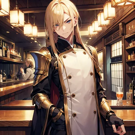 Male, in a bar, blonde hair, dark eyes, brave, male, stuffy, slender, armor, flirtatious, inviting eyes, trying to deceive, full of ulterior motives, male, Japanese-looking face, suspicious smile, bar.