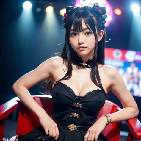 (Best-quality, Masterpiece, Ultra-High-Resolution, (Photorealistic:1.4), Raw Photo, depth of field, professional lighting, perfect anatomy, extremely details), 1girl, 15-years-old, the most famous Japanese idol, sitting on chair at dressing room, wearing s...