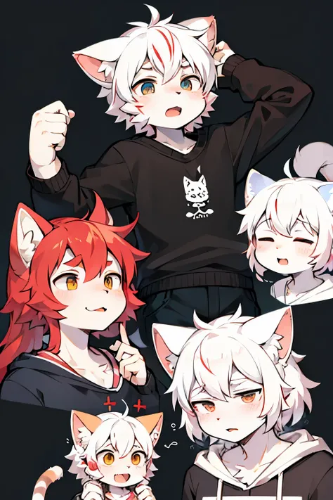 Cat，Facial Expressions，Multi-map，hairy，hairy的，Bust Avatar，White sweatshirt with colorful pattern，Black casual pants，White Stripes，Q version，Lovely，simple art style，Cartoon Style，yawn，tension，ears red hair, White hair on ear tips，Pink hair on back，tail blue...