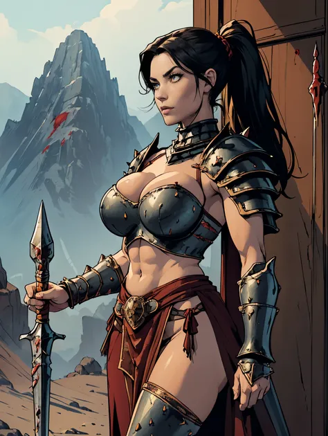 (masterpiece, top quality, best quality, official art, beautiful and aesthetic:1.2), (1girl:1.3), ((Sharp facial features, sharp features, hawkish features)), ((pale skin, orange eyes, big hair, long black hair, ponytail)), big tiddy chaos warrior girl, ex...