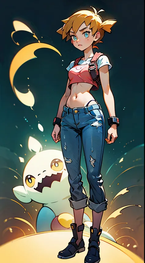 1 female, solo, Misty from Pokemon, masterpiece, very detailed, EnvyBetterHands LoCon, standing position, streets background, realistic body proportion, wearing a denim short, yellow crop top with straps, EnvyBetterHands LoCon