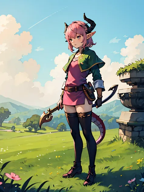 One femboy with dragon horns and tail pink hair and elf ears dressed up as link standing in a grassland