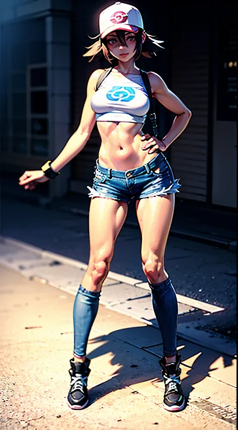 1 female, solo, Misty from Pokemon, masterpiece, very detailed, EnvyBetterHands LoCon, standing position, streets background, realistic body proportion, wearing a denim short, yellow crop top with straps, EnvyBetterHands LoCon