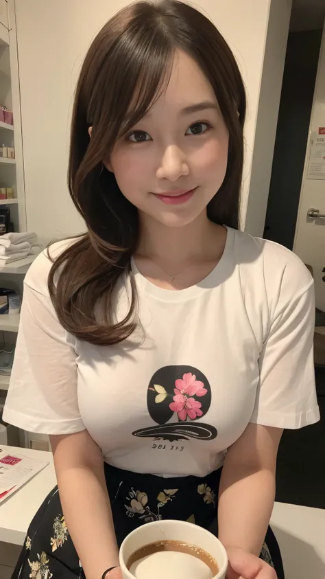 Bright outdoors、Walking around town、((​masterpiece))、((top-quality))、a picture、Realisticity、high-level image quality、Advanced depth of field、ultra-detailliert、Realistic lighting、((Beauty salon))、((white t-shirt with new york printed on it,black skirt))、((W...