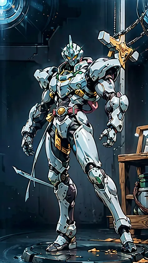 A man wearing a full-face helmet, a fantasy-style biotech armored combat suit, green eyes, (a composite layered chest armor), fully enclosed shoulder guards, matching arm and leg guards, the belt is adorned with cross, (the color scheme is primarily white ...