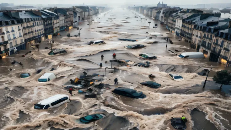 flooded street with cars and people walking in it, by Etienne Delessert, flooded city, unbelievable, by Raphaël Collin, floods, by Matthijs Naiveu, by Daniel Gelon, flood, nicolas delort, by Fabien Charuau, winner of the years best photo, genius, afp, floo...