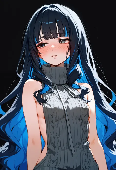 Upper body, waist level, zoom out, 1girl, solo, long hair, black hair, colored inner hair, blue hair, wavy hair, eyeliner, makeup, virgin killer sweater, sleeveless sweater, small breasts, narrowed eyes, parted lips, blush, embarrassed, looking away, black...