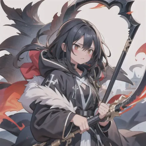 Black Grim Reaper,((flax))Pure white background，Pure black clothes，Pure black hoodie，Pure Black Scythe，Squinting，Dark Canyon，Thick fog rising