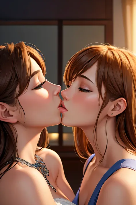 (best quality,4k,8k,highres,masterpiece:1.2),ultra-detailed,(realistic,photorealistic,photo-realistic:1.37), HDR, UHD, studio lighting, extreme detail description, professional, portraits, vivid colors, bokeh, lesbian couple, romance, women, kiss, mouth to...