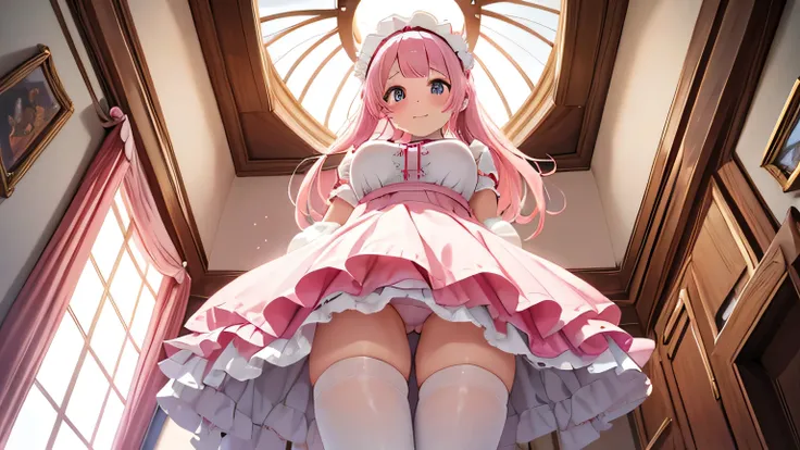 white underwear, pussy, clear eyes, pink hair, gentle smile, flushed face, red face, beautiful breasts, maid costume, she is turning up her own skirt to show her pants, inside her skirt, view from below, Luxurious residence, pink dollhouse, pink room, West...