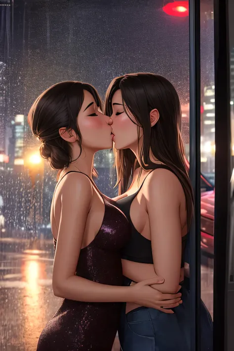 (best quality,4k,8k,highres,masterpiece:1.2),ultra-detailed,(realistic,photorealistic,photo-realistic:1.37),intense kissing,passionate kisses,rainy night,aggressive,sexy,showering rain outside,car interior,two young women,tight embrace,passionate lips touc...