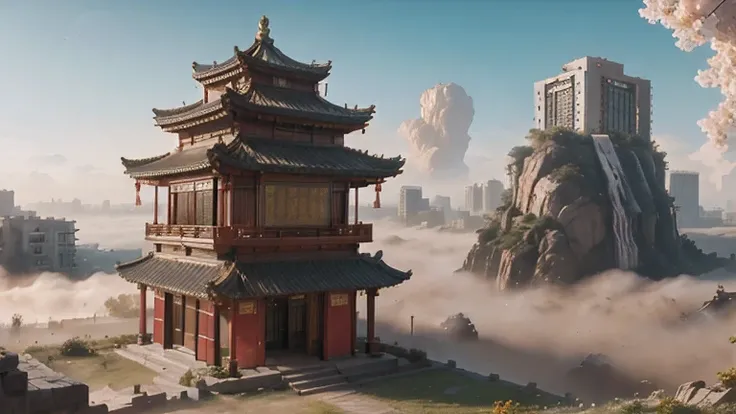 buildings in a city with a pagoda in the middle of the city, cyberpunk chinese ancient castle, stylized urban fantasy artwork, dreamy chinese town, concept art ， highly rendered, game art matte painting, matte painting 4k 8k, cinematic. by leng jun, in a t...