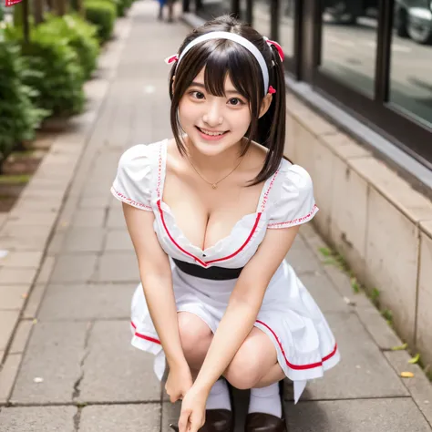 A 20-year-old maid with a cute face like a 16-year-old idol　Smiling Kindly　Maid clothes　mini skirt　Cosplay　Cleavage　Medium size bust　squatting on the sidewalk to pee　RAW Photos　Genuine　Real Stick　Raw photo