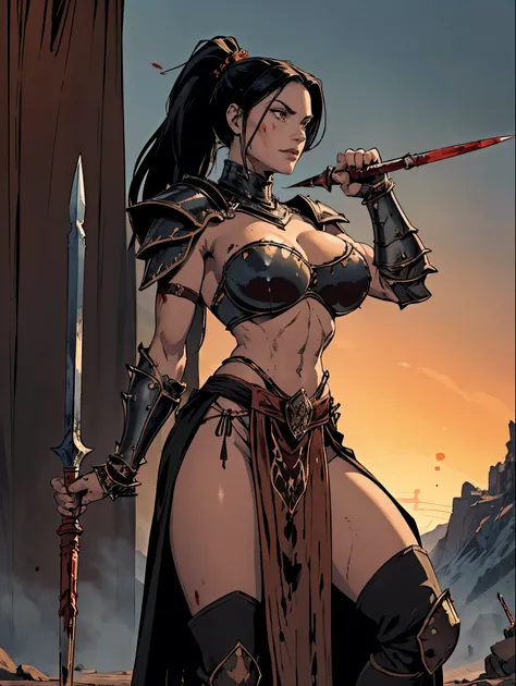 (masterpiece, top quality, best quality, official art, beautiful and aesthetic:1.2), (1girl:1.3), ((Sharp facial features, sharp features, hawkish features)), ((pale skin, orange eyes, big hair, long black hair, ponytail)), big tiddy chaos warrior girl, ex...