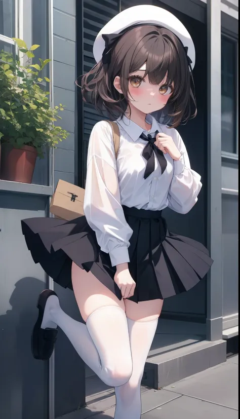 one girl、positive、from above、full body portrait、brown haired、medium haircut、blush、absolute area、knee socks、stockings、black knee-...