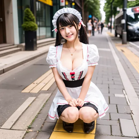 A 20-year-old maid with a cute face like a 16-year-old idol　Smiling Kindly　Maid clothes　mini skirt　Cosplay　Cleavage　Medium size bust　squatting on the sidewalk to pee　RAW Photos　Genuine　Real Stick　Raw photo