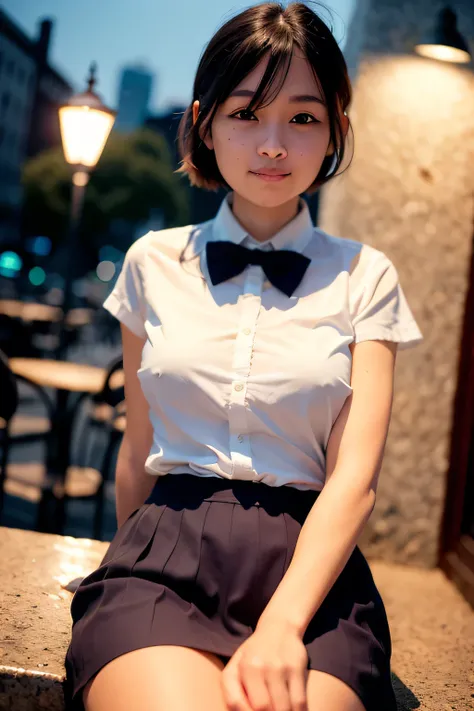 (8k, RAW photo, best quality, masterpiece:1.2), (realistic, photo-realistic:1.37), ultra-detailed, 1 girl,cute, solo,beautiful detailed sky,detailed cafe,night,sitting,dating,(nose blush),(smile:1.1),(closed mouth), medium breasts,beautiful detailed eyes,(...