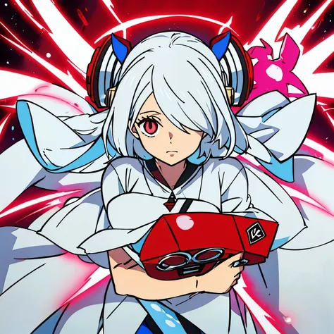 A woman, Long white clothing, red and circular rune drawn in the center of the clothing, red electrical energy around, mask covering the eyes