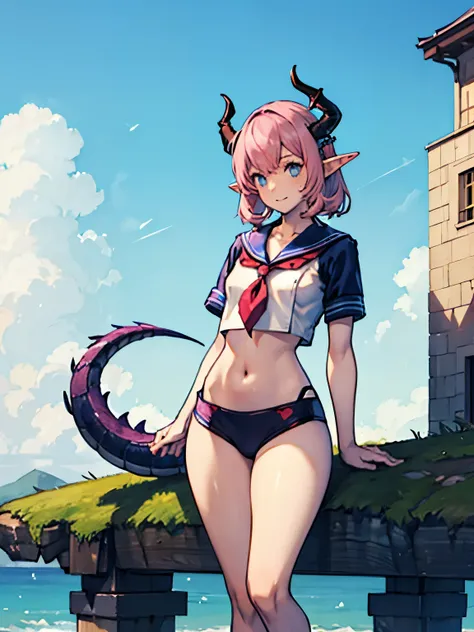 One femboy with dragon horns and tail pink hair and elf ears dressed as a sailor