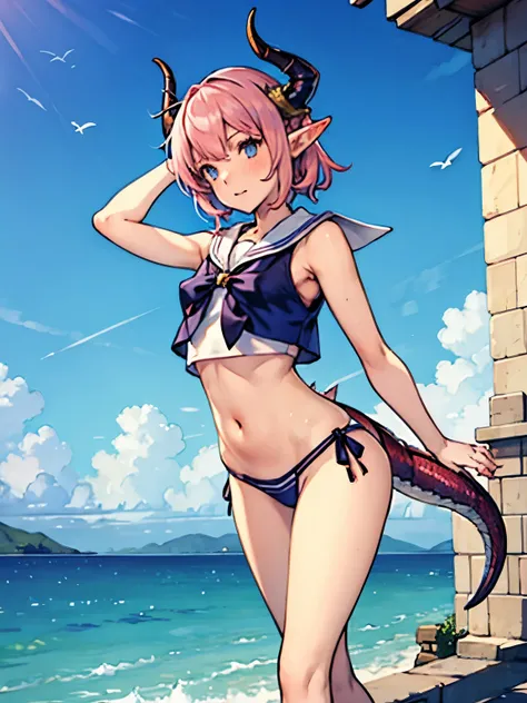 One femboy with dragon horns and tail pink hair and elf ears dressed as a sailor