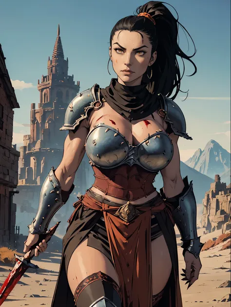 (masterpiece, top quality, best quality, official art, beautiful and aesthetic:1.2), (1girl:1.3), ((Sharp facial features, sharp features, hawkish features)), ((pale skin, orange eyes, big hair, long black hair, ponytail)), big tiddy chaos warrior girl, ex...