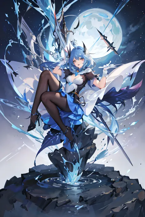 a girl, blue curly hair, long blue and white dress, holding giant magic gwen of league of legends scissors , presentation pose 