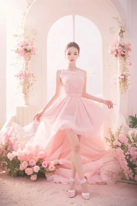 (highly detailed body, highly detailed face:1.2)
, Girl, look at viewer, pink dress,  romantic setting, dreamy pastel palette, outdoor, garden, flower