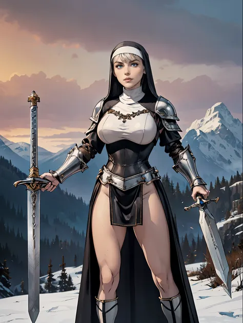 (masterpiece, top quality, best quality, official art, beautiful and aesthetic:1.2), (1girl:1.3), ((Sharp facial features, sharp features, hawkish features)), ((pale skin, blue eyes)), busty paladin knight girl, extremely detailed, portrait, looking at vie...