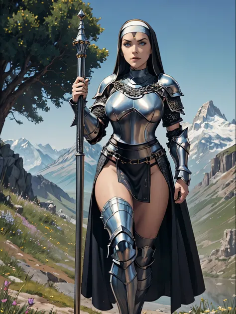 (masterpiece, top quality, best quality, official art, beautiful and aesthetic:1.2), (1girl:1.3), ((Sharp facial features, sharp features, hawkish features)), ((blue eyes)), busty brunette paladin knight girl, extremely detailed, portrait, looking at viewe...