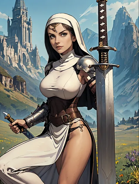 (masterpiece, top quality, best quality, official art, beautiful and aesthetic:1.2), (1girl:1.3), ((Sharp facial features, sharp features, hawkish features)), ((fair skin, brown eyes)), busty brunette paladin knight girl, extremely detailed, portrait, look...