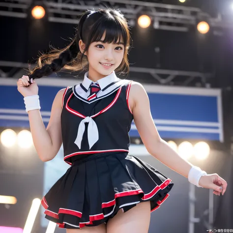 (Best-quality, Masterpiece, Ultra-High-Resolution, (Photorealistic:1.4), Raw Photo, depth of field, professional lighting, perfect anatomy, extremely details), 1girl, 15-years-old, the most famous Japanese idol, portrait, wearing cheerleading costume with ...