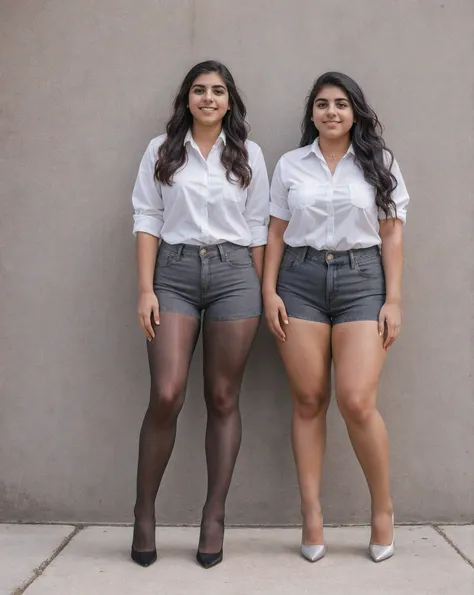 two mexican college students plain white shirt and jean shorts, stunning proportions, gray sheer tights, grey sheer tights, best...