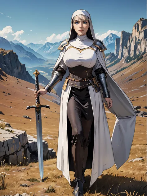 (masterpiece, top quality, best quality, official art, beautiful and aesthetic:1.2), (1girl:1.3), ((Sharp facial features, sharp features, hawkish features)), ((blue eyes)), busty paladin knight girl, extremely detailed, portrait, looking at viewer, solo, ...