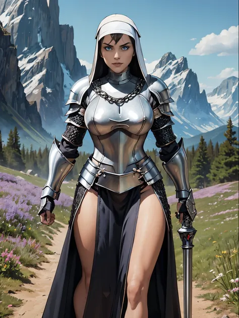 (masterpiece, top quality, best quality, official art, beautiful and aesthetic:1.2), (1girl:1.3), ((Sharp facial features, sharp features, hawkish features)), ((blue eyes)), busty brunette paladin knight girl, extremely detailed, portrait, looking at viewe...