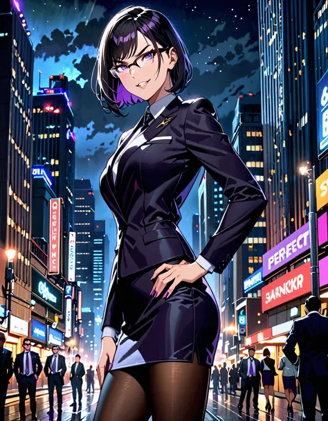 masterpiece, best quality, highres, 1girl, villain, business suit, pencil skirt, miniskirt, black pantyhose, high heels, night sky, standing straight, hands on hip, cityscape, searchlights, black hair, short hair, bob hair, purple eyes, beautiful detailed ...