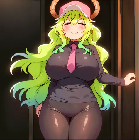 1girl, alone,lucoa, white shirt, long sleeves, black necktie, black pants, huge breasts, long hair, blush, smile, hat, closed mouth, closed eyes, horns, baseball cap, pink headwear, horns through headwear, arms behind back, standing, thigh gap,sexy body, p...