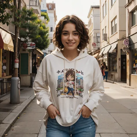 (mejor calidad:0.8) perfect anime illustration, una bonita, Happy woman with short curly brown hair on the city street, usando una sudadera con capucha, falda