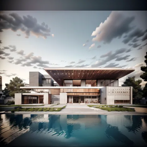 Bauhaus style house, glass and brutalist concrete house with a sloping roof, modern, dynamic (RAW photo, real, best quality, masterpiece:1.2), (hyper realistic, photo-realistic:1.2), high quality, (dark lighting:1.2), dusk, perfect lighting, trending on ar...