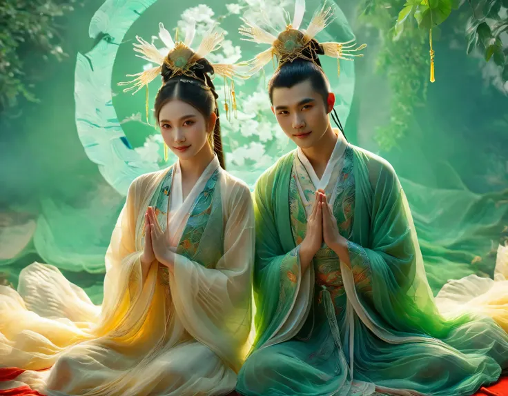 (a couple),(traditional chinese fantasy),(ancient china),(period costume),(portrait), (bright and vivid colors),(soft lighting),...