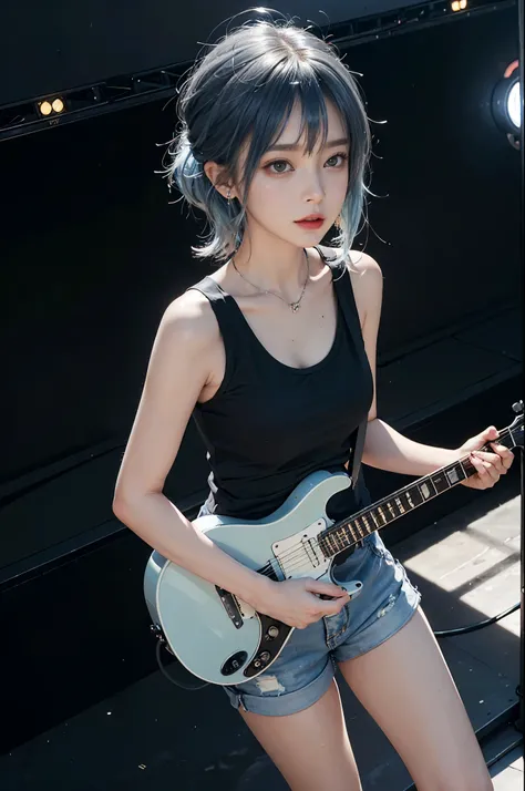 (1 Girl Solo, 1 Sexy Woman, Blue Hair, Medium Hair, Black Tank Top, Shorts, Singer:1.4), (Sexy woman, Thigh, Cowboy shot, From Above :1.3), woman playing guitar live, Standing in the middle of the live house stage and playing the guitar, (Perfect face, Det...