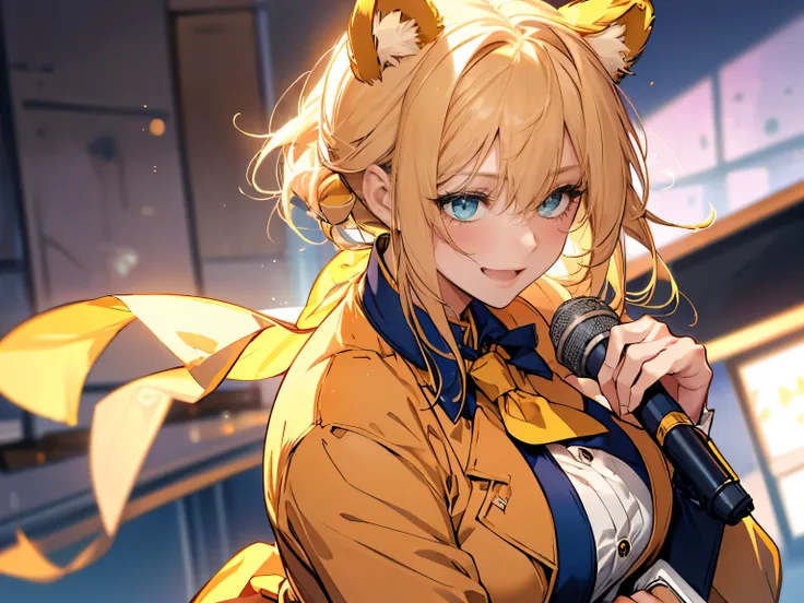 1female, teacher, wearing a yellow suit, yellow tie, bootyshorts, thicc, large breast, yellow hair, short hair, yellow bear ears...