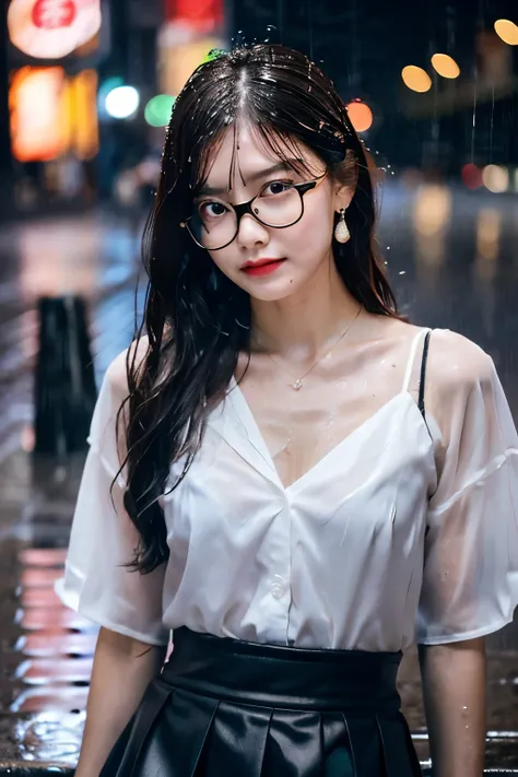 (RAW shooting, Photoreal:1.5, 8K, highest quality, masterpiece, ultra high resolution), perfect dynamic composition:1.2, Night street corner of a modern city, expression of sadness:0.3, (((Typhoon heavy rain))), Highly detailed skin and facial textures:1.2...