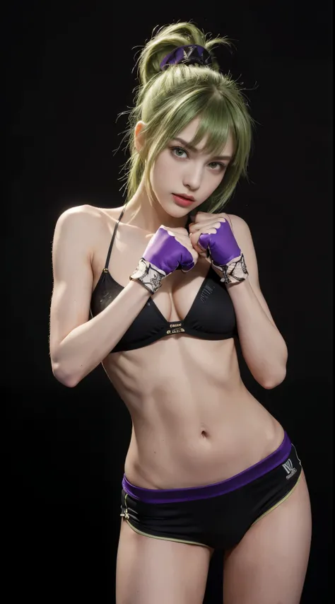 8K, Top Quality, Intricate Details, Ultra Detail, Ultra High Resolution, Masterpiece, close up shot, (full body: 1.1), Slender, Smile, (Makeup: 0.4), ,(( straight punch, boxing , punching))(Fluffy purple Eyes: 1.21), (()), 1girl, solo, 1 girl, ((green hair...