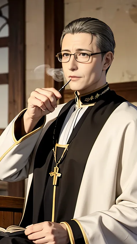 8k, best quality, highres, realistic, real person, a clergy character with glasses and short hair, who, despite being a cleric, ...