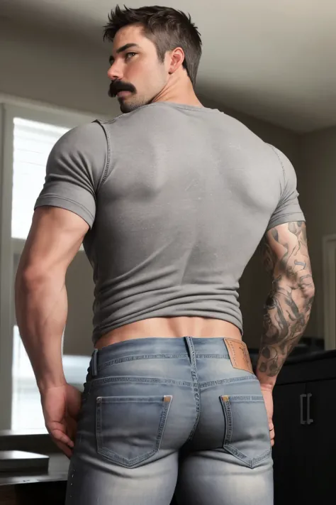 Jordan touch  Troy Brandts ass , 45yo, short mustache, wearing gray jeans, shirtless, backside bent