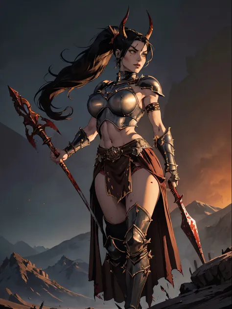 (masterpiece, top quality, best quality, official art, beautiful and aesthetic:1.2), (1girl:1.3), ((Sharp facial features, sharp features, hawkish features)), ((pale skin, orange eyes, big hair, long black hair, ponytail)), big tiddy chaos warrior girl, ex...