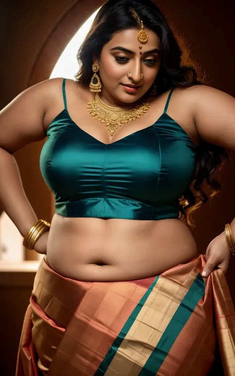 Foto RAW, photorealistic, photography, full body shot, master shot, perfect eyes, goddess like beauty, pierced eyes, perfect thick chubby mallu Desi aunty bhabhi, Wearing a Stanapatta, a chest-band.Saree model, model Photography, Indian saree shoot, Indian...