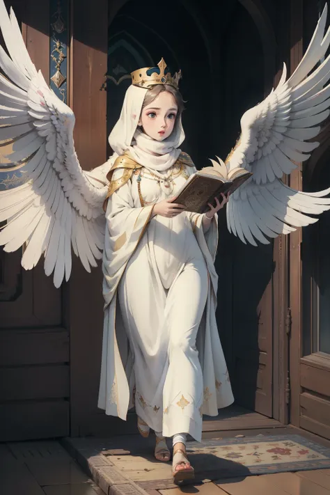 ((best quality)), ((masterpiece)), (detailed), perfect face, a little flying  with wings holding the holy Quran wearing white abaya hijab crowned, 4k, ultra detailed, UHD, full body shot, photography, light dreamy background