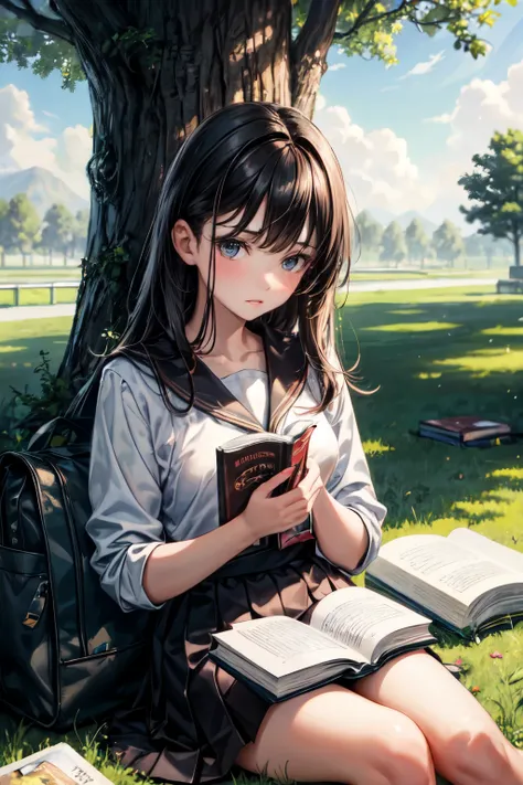 ((best quality)), ((masterpiece)), (detailed),(perfect face),"Alone girl outside the school, she is sitting on the grass with her book in sad nature, she is looking at her book under a beautiful tree,